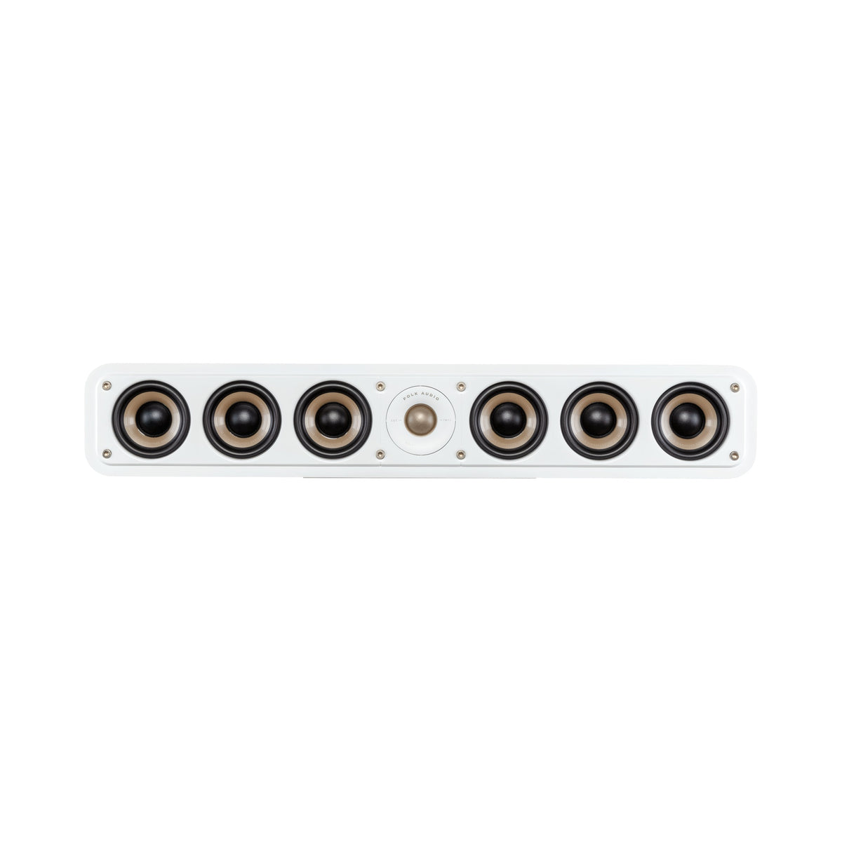 Polk Audio Signature Elite ES35 white center speaker, front view without grilles