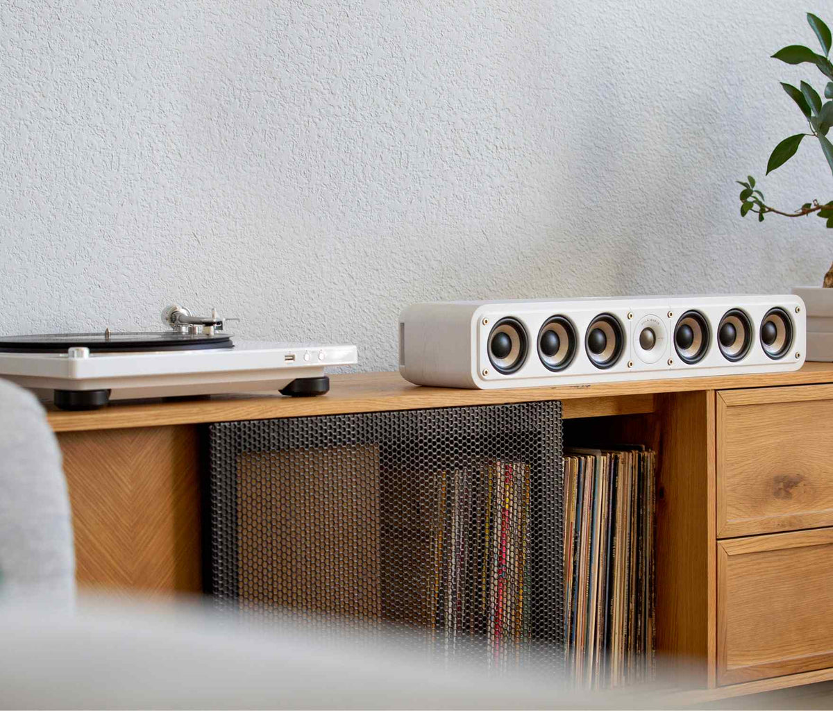Polk Audio Signature Elite ES35 white center speaker, in a room from another viewpoint