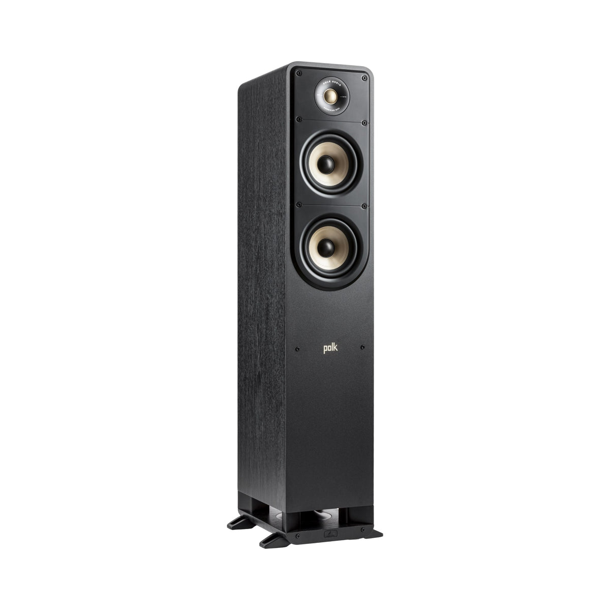 Polk Audio Signature Elite ES50 black floorstanding speaker, angled view without grilles