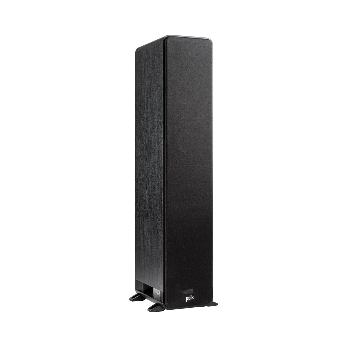 Polk Audio Signature Elite ES50 black floorstanding speaker, angled view with grilles