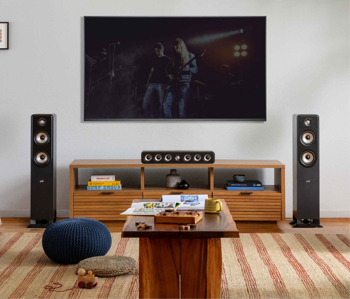 Polk Audio Signature Elite ES50 black floorstanding speaker, in a room