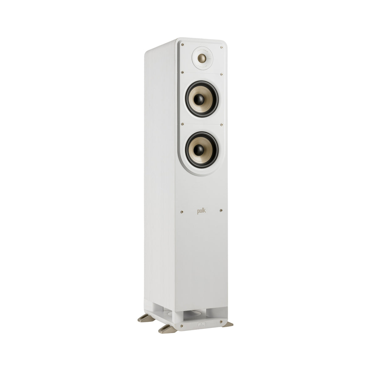 Polk Audio Signature Elite ES50 white floorstanding speaker, angled view without grilles