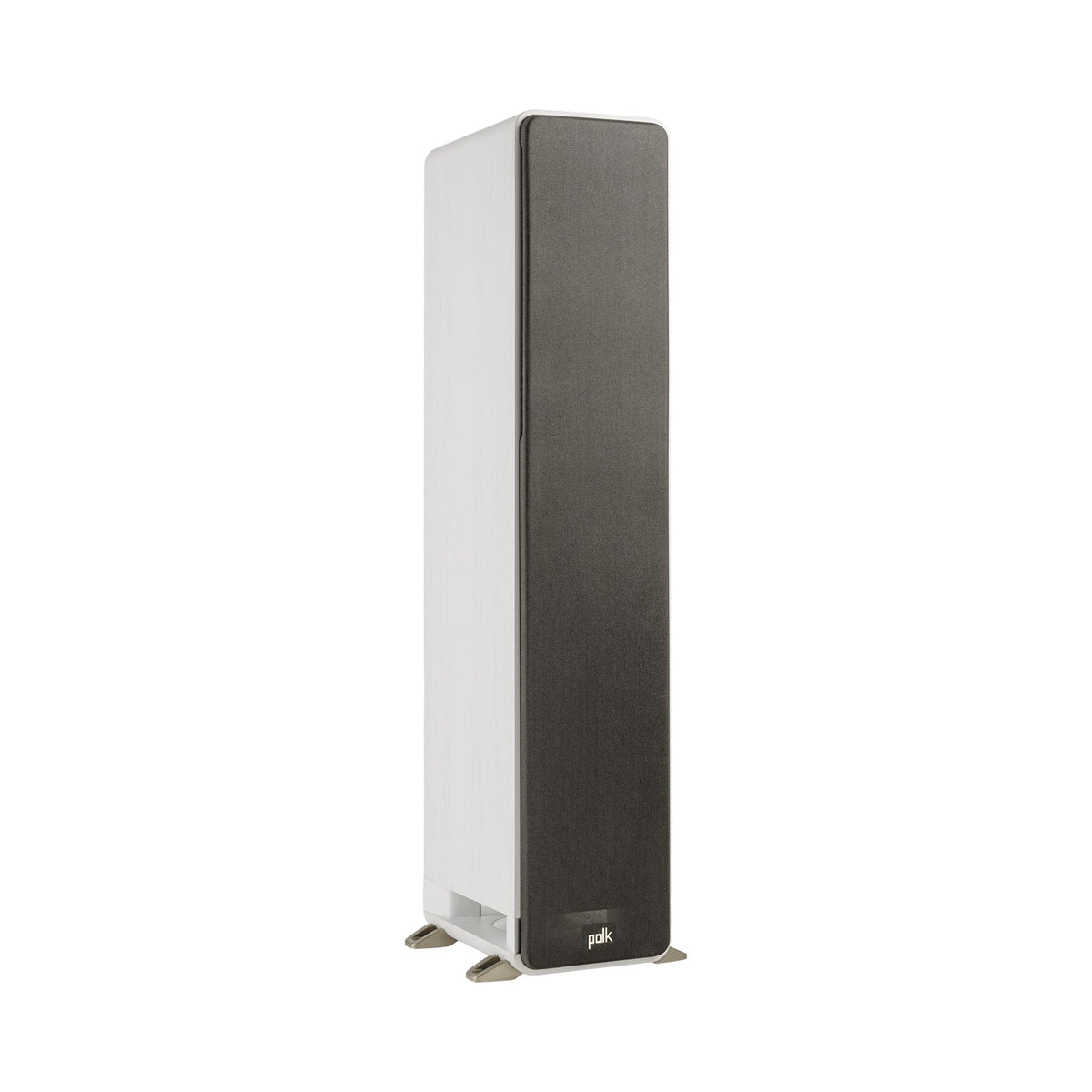 Polk Audio Signature Elite ES50 white floorstanding speaker, angled view with grilles