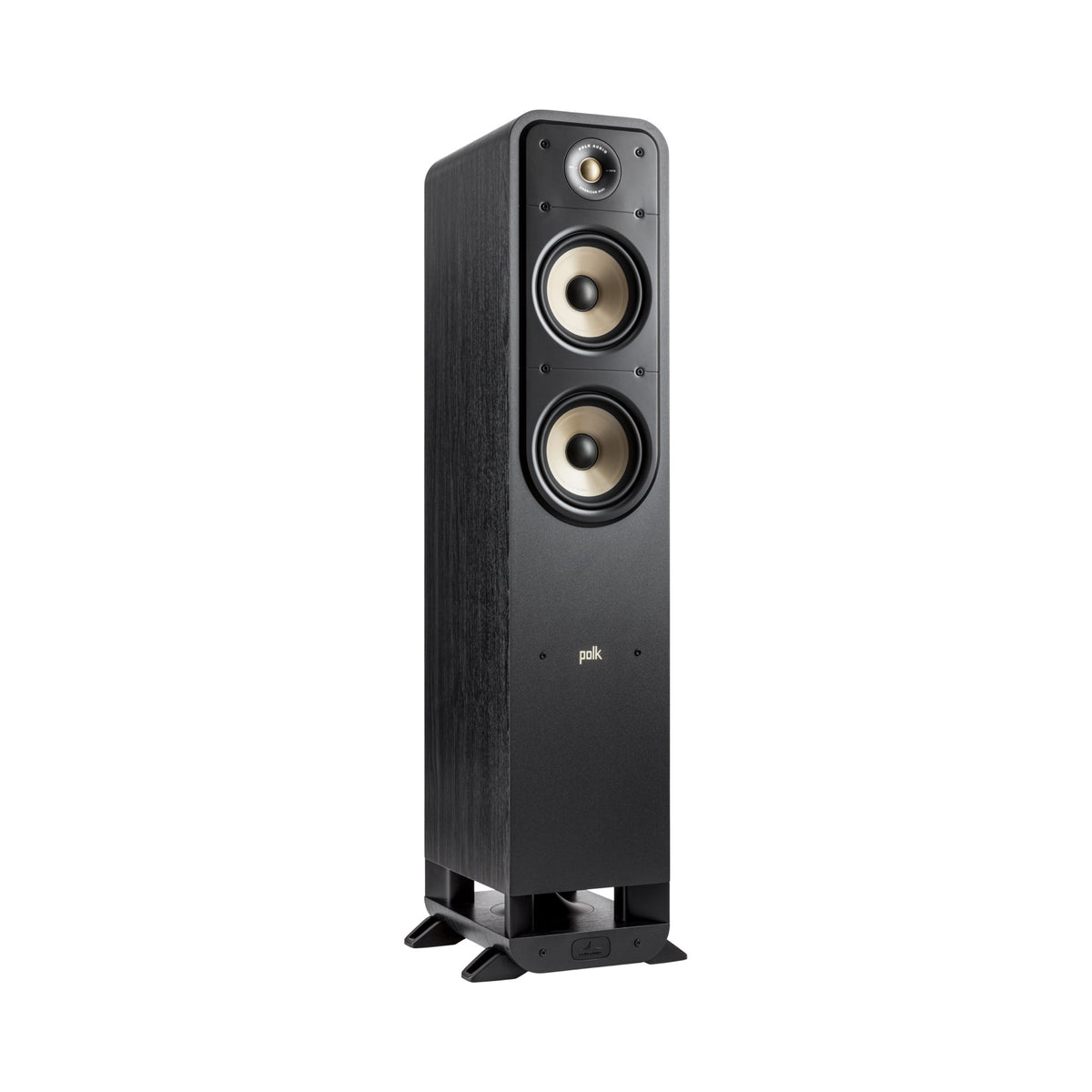 Polk Audio Signature Elite ES55 black floorstanding speaker, angled view without grilles