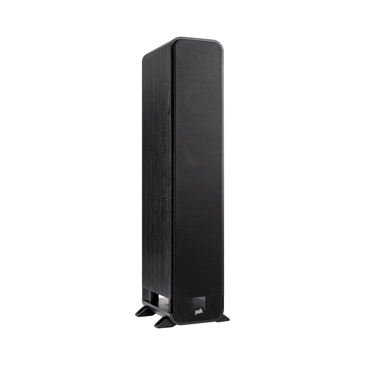 Polk Audio Signature Elite ES55 black floorstanding speaker, angled view with grilles