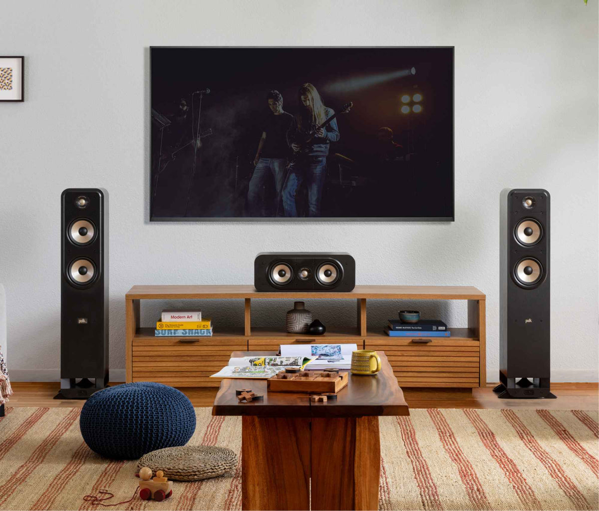 Polk Audio Signature Elite ES55 black floorstanding speaker, in a room