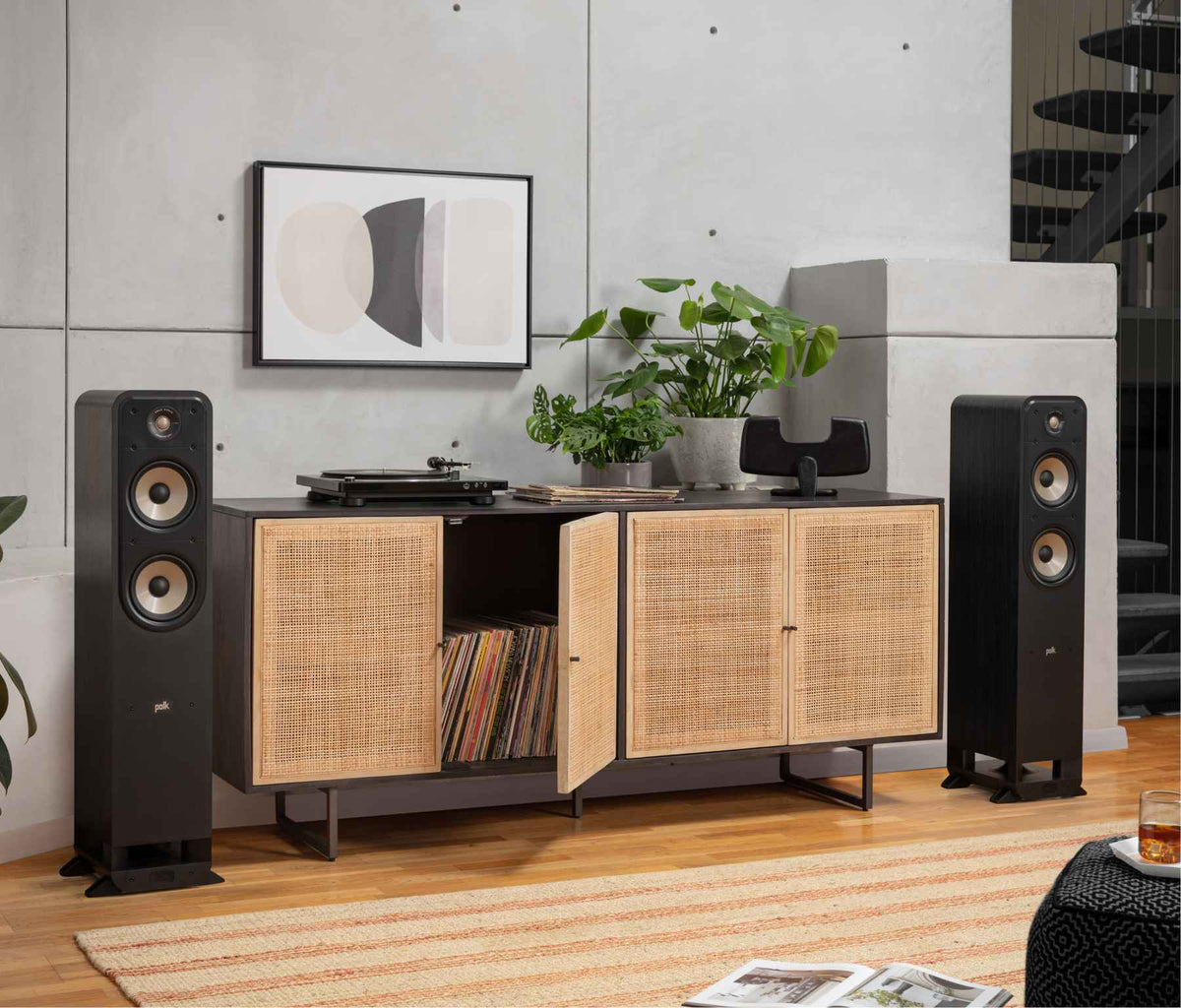 Polk Audio Signature Elite ES55 black floorstanding speaker, in a room from another viewpoint