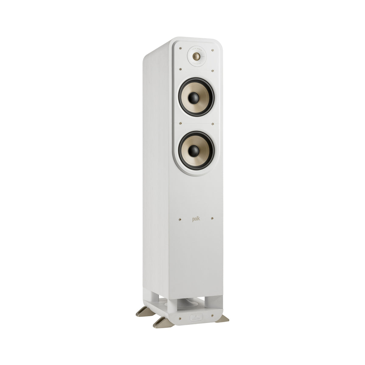 Polk Audio Signature Elite ES55 white floorstanding speaker, angled view without grilles