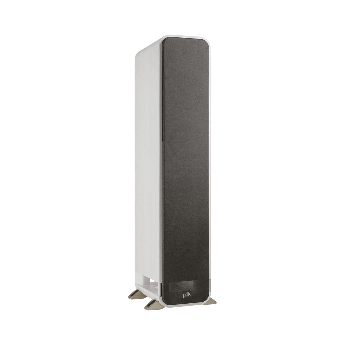 Polk Audio Signature Elite ES55 white floorstanding speaker, angled view with grilles