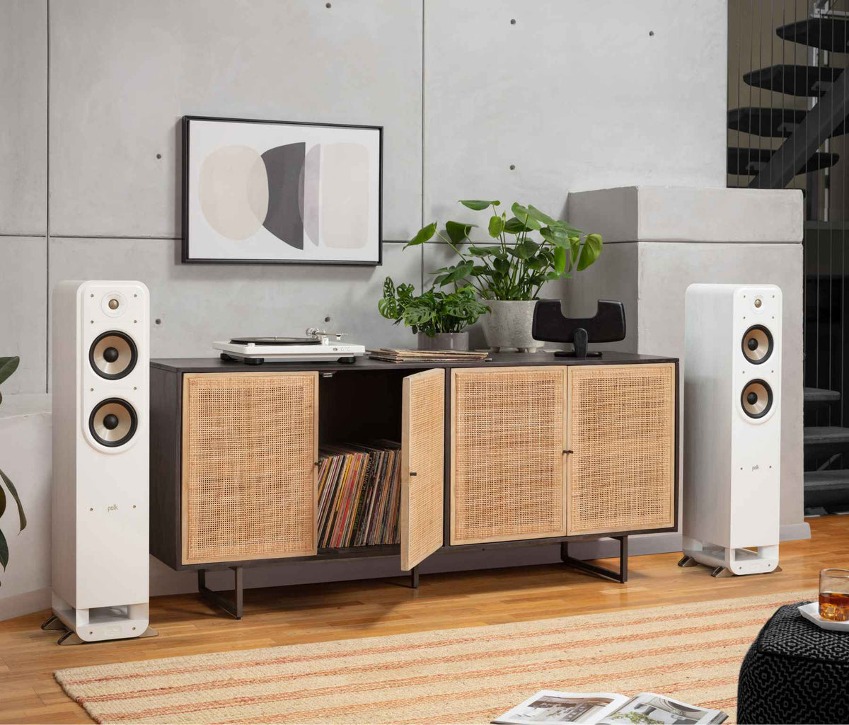 Polk Audio Signature Elite ES55 white floorstanding speaker, in a room