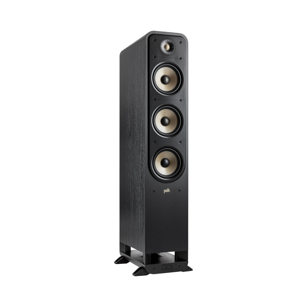 Polk Audio Signature Elite ES60 black floorstanding speaker, angled view without grilles