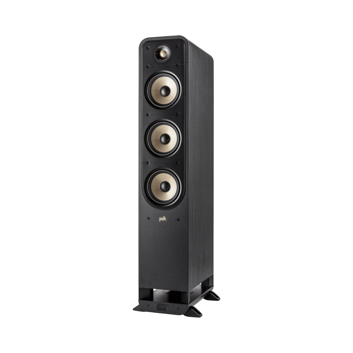 Polk Audio Signature Elite ES60 black floorstanding speaker, left angle without grilles