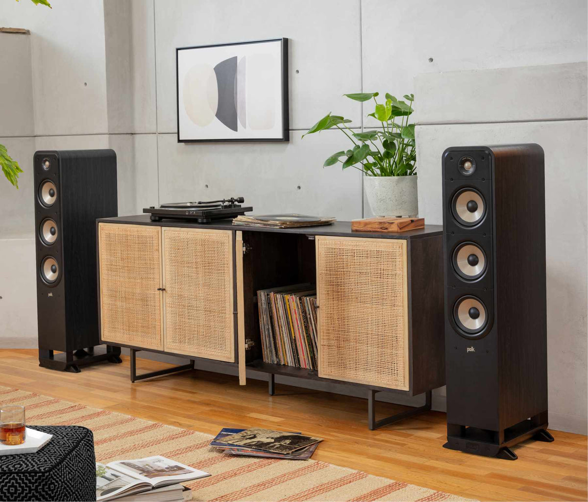 Polk Audio Signature Elite ES60 black floorstanding speaker, in a room