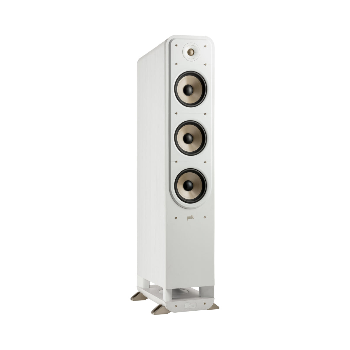 Polk Audio Signature Elite ES60 white floorstanding speaker, angled view without grilles