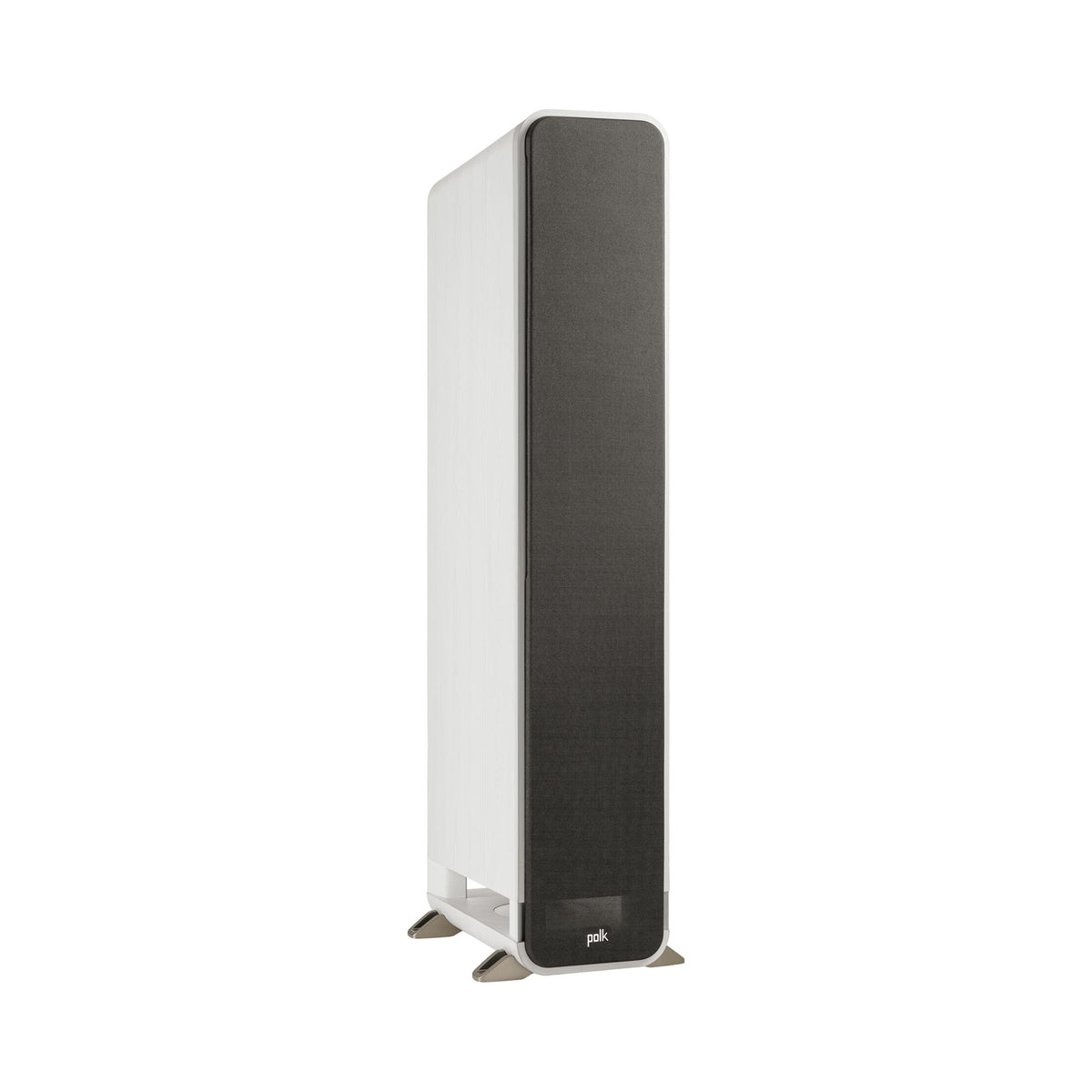 Polk Audio Signature Elite ES60 white floorstanding speaker, angled view with grilles