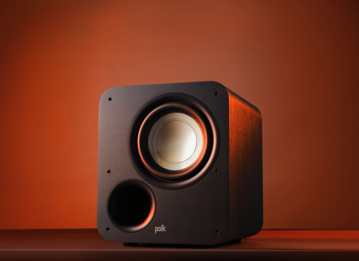 Polk Audio Signature Elite ES8 powered subwoofer, angled view in a lit room
