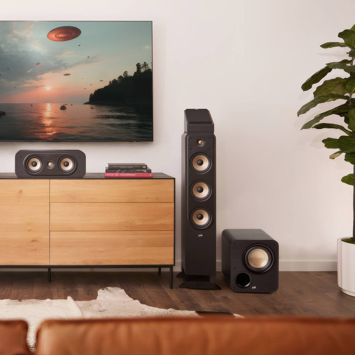 Polk Audio Signature Elite ES8 powered subwoofer, in a living room audio system