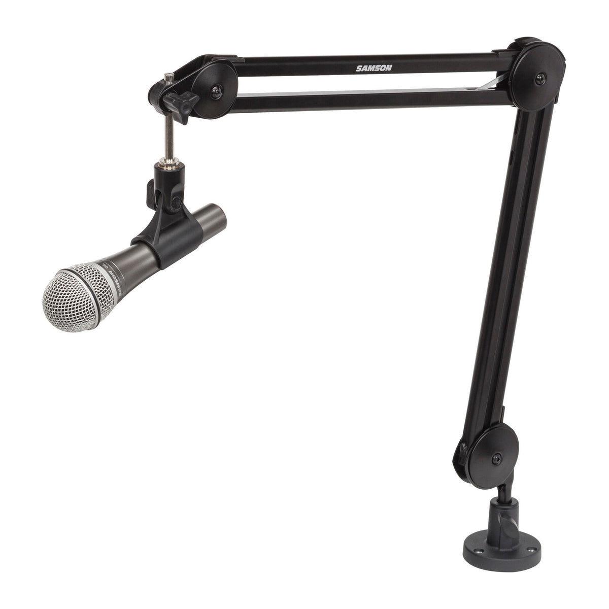 Samson MBA28 desktop boom arm with a mounted microphone