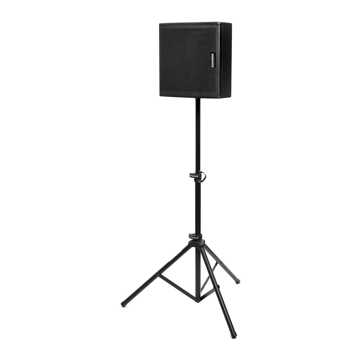 Samson RSXM10A stage monitor mounted on a speaker stand