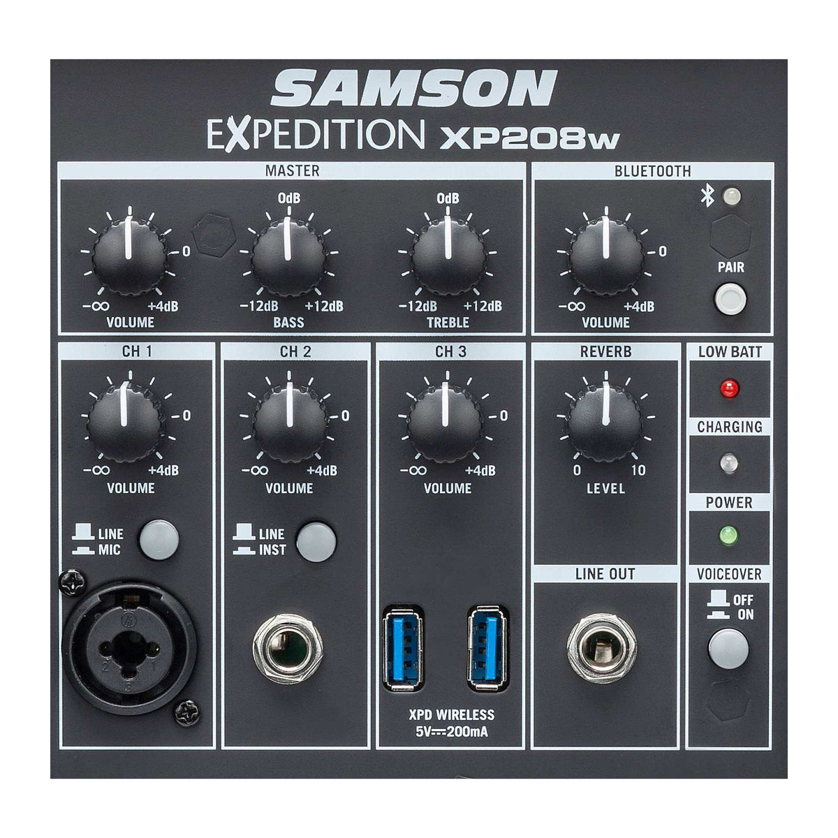Samson XP208W four-channel mixer controls