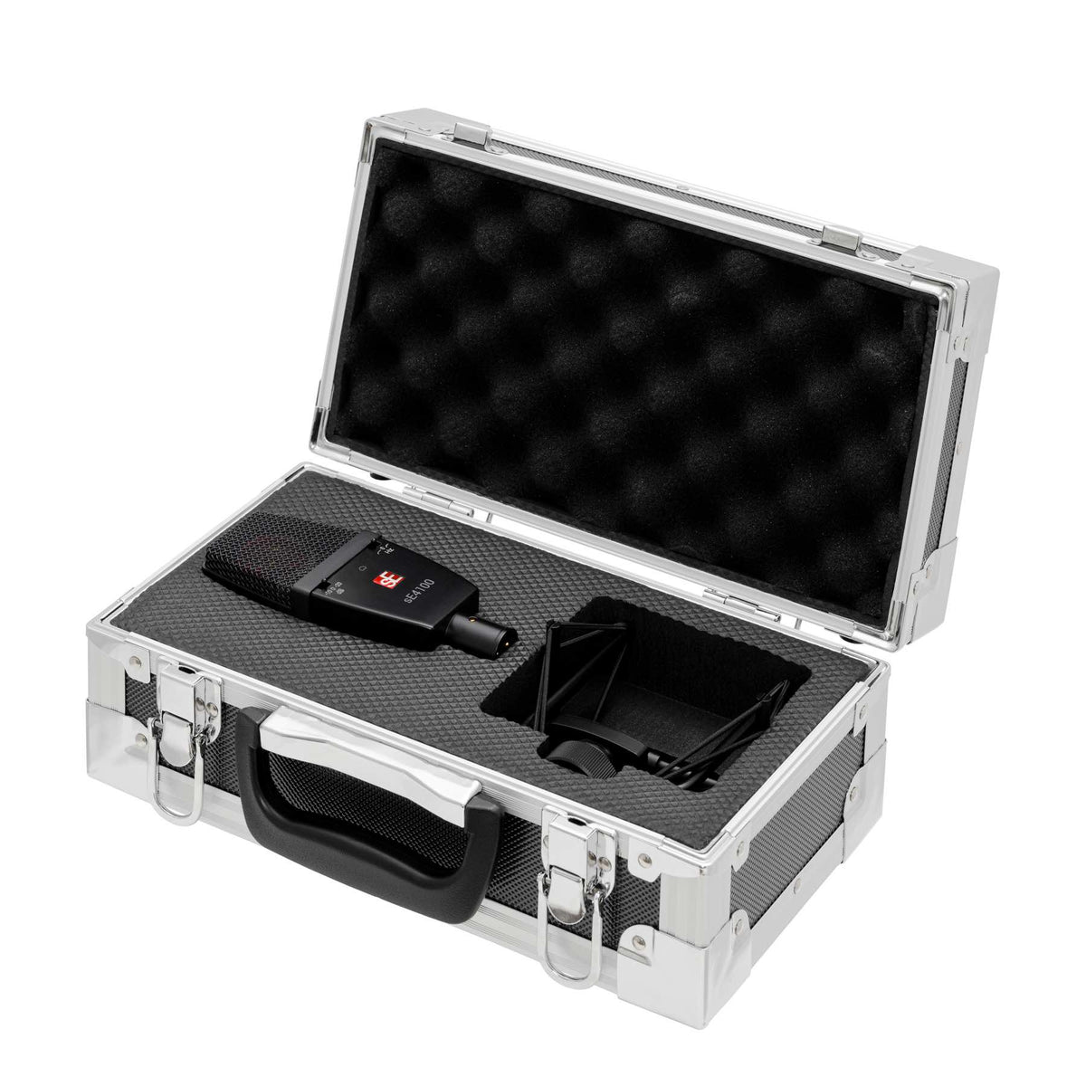 sE Electronics sE4100 mikrofonas ir komplektacija atidarytame dėkle