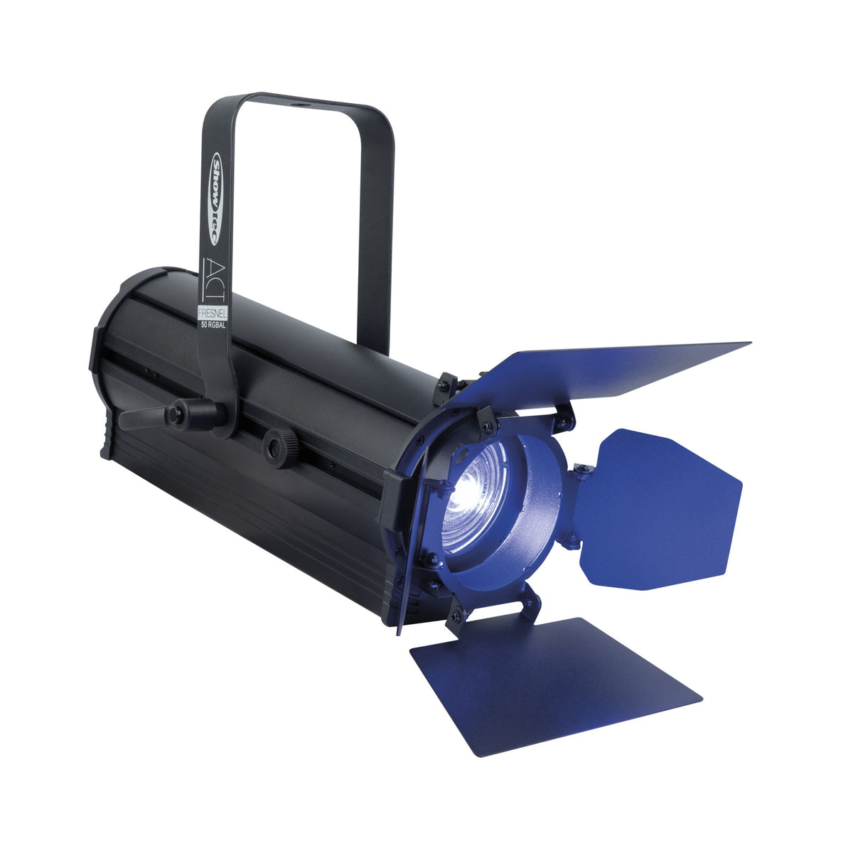 Showtec ACT Fresnel 50 RGBAL Fresnel Spotlight, blue output with open barndoor
