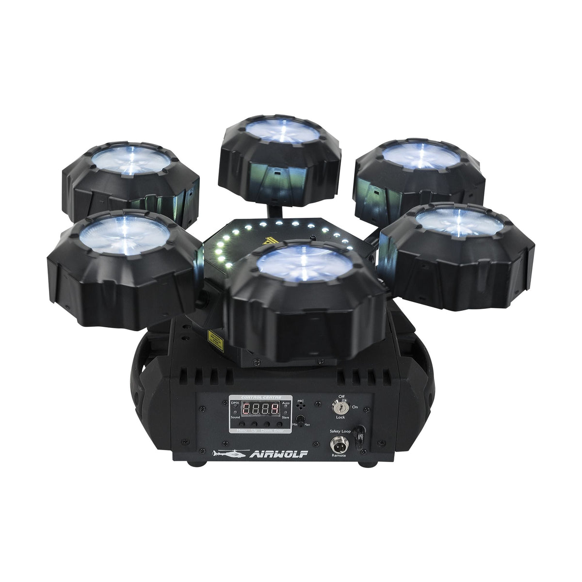 Showtec Airwolf prožektorius, moduliai ir valdymo skydelis