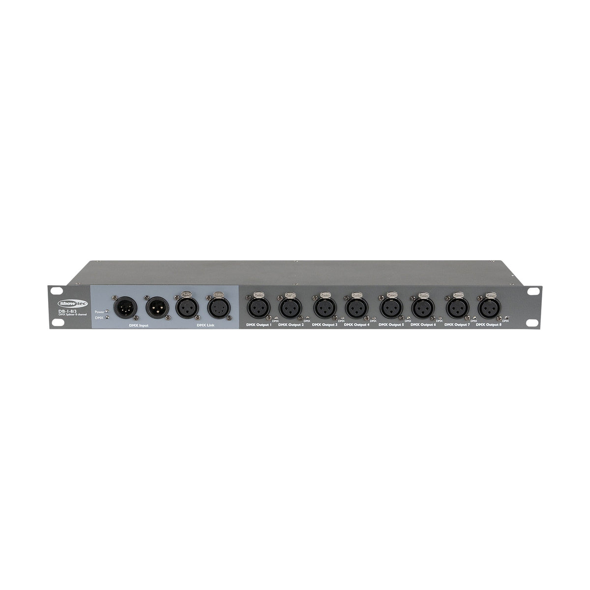 Showtec DB-1-8/3 DMX skirstytuvas, priekinės DMX jungtys