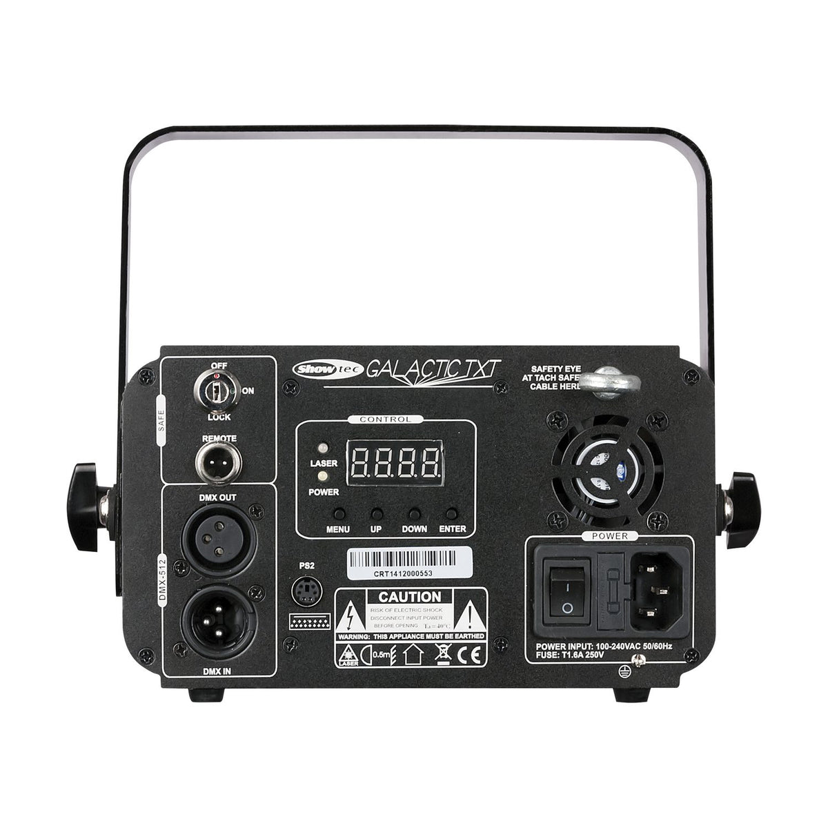 Showtec Galactic TXT lazeris, galinės jungtys ir apsaugos raktas