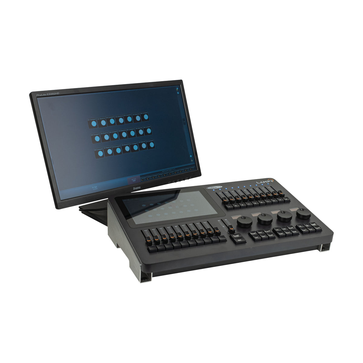 Showtec LAMPY 20 1U DMX pultas, vaizdas kitu kampu su atskirai parduodamu išoriniu monitoriumi