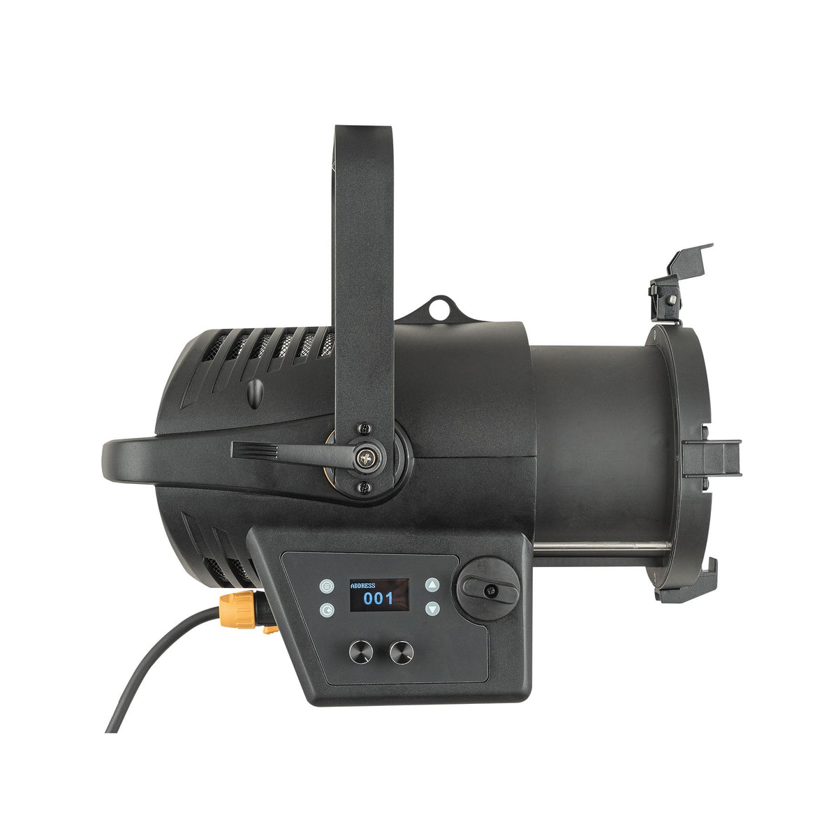 Showtec Performer Fresnel 1500 Q6 MKII teatrinis prožektorius, šoninis vaizdas su prijungtu kabeliu