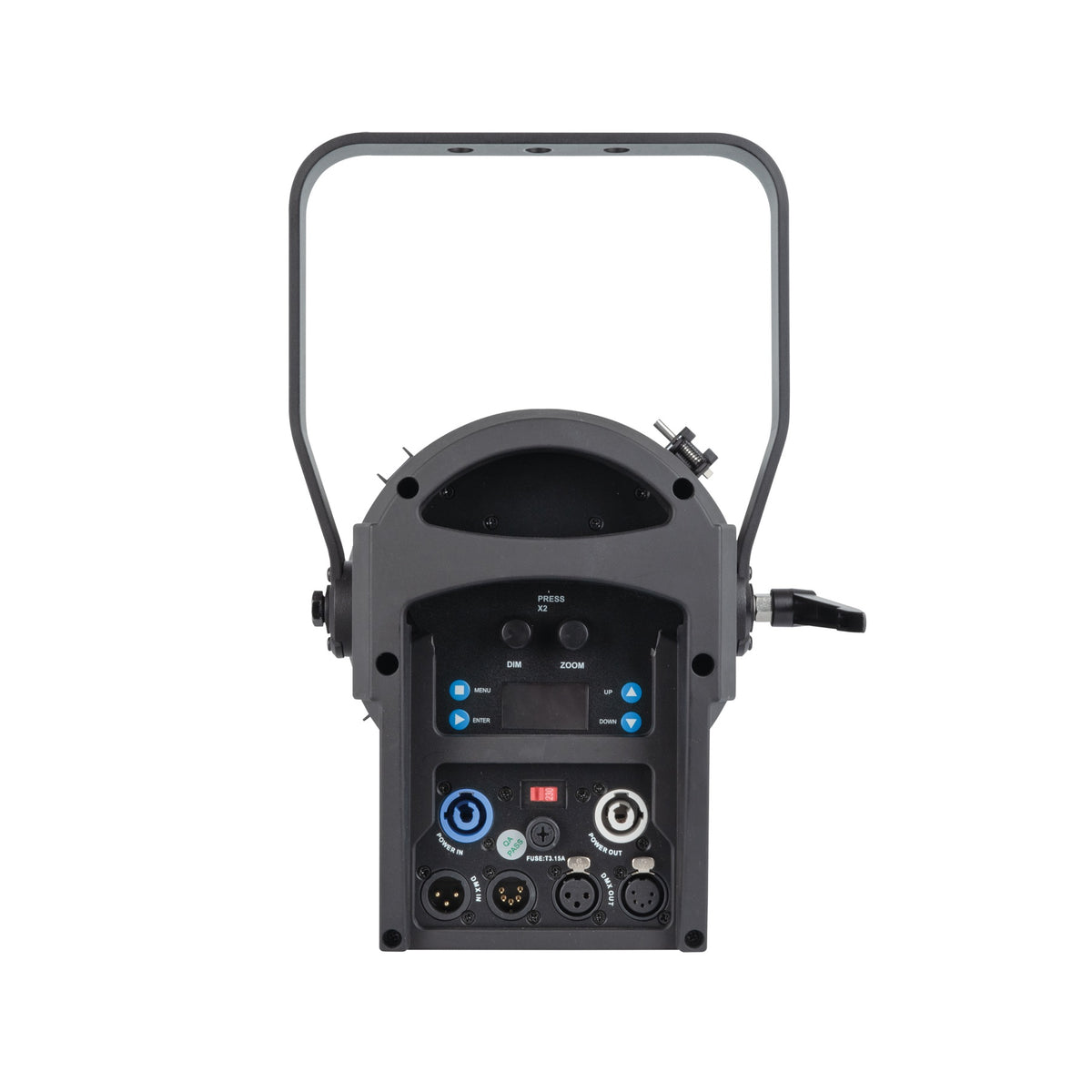 Showtec Performer Fresnel 2200 DDT teatrinis prožektorius, galinės jungtys ir valdymo skydelis