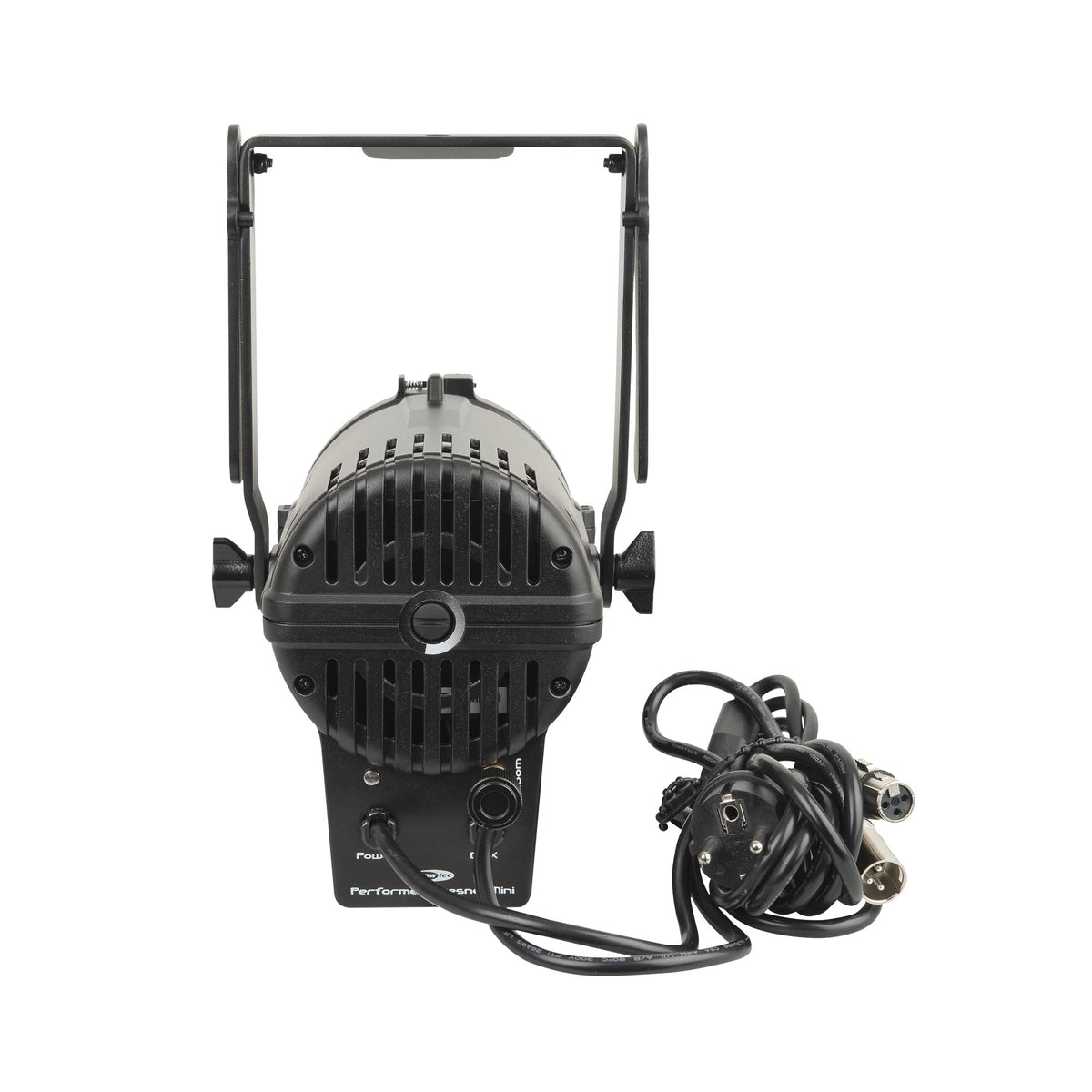 Showtec Performer Fresnel Mini DMX, rear view, DMX connectors and power cable