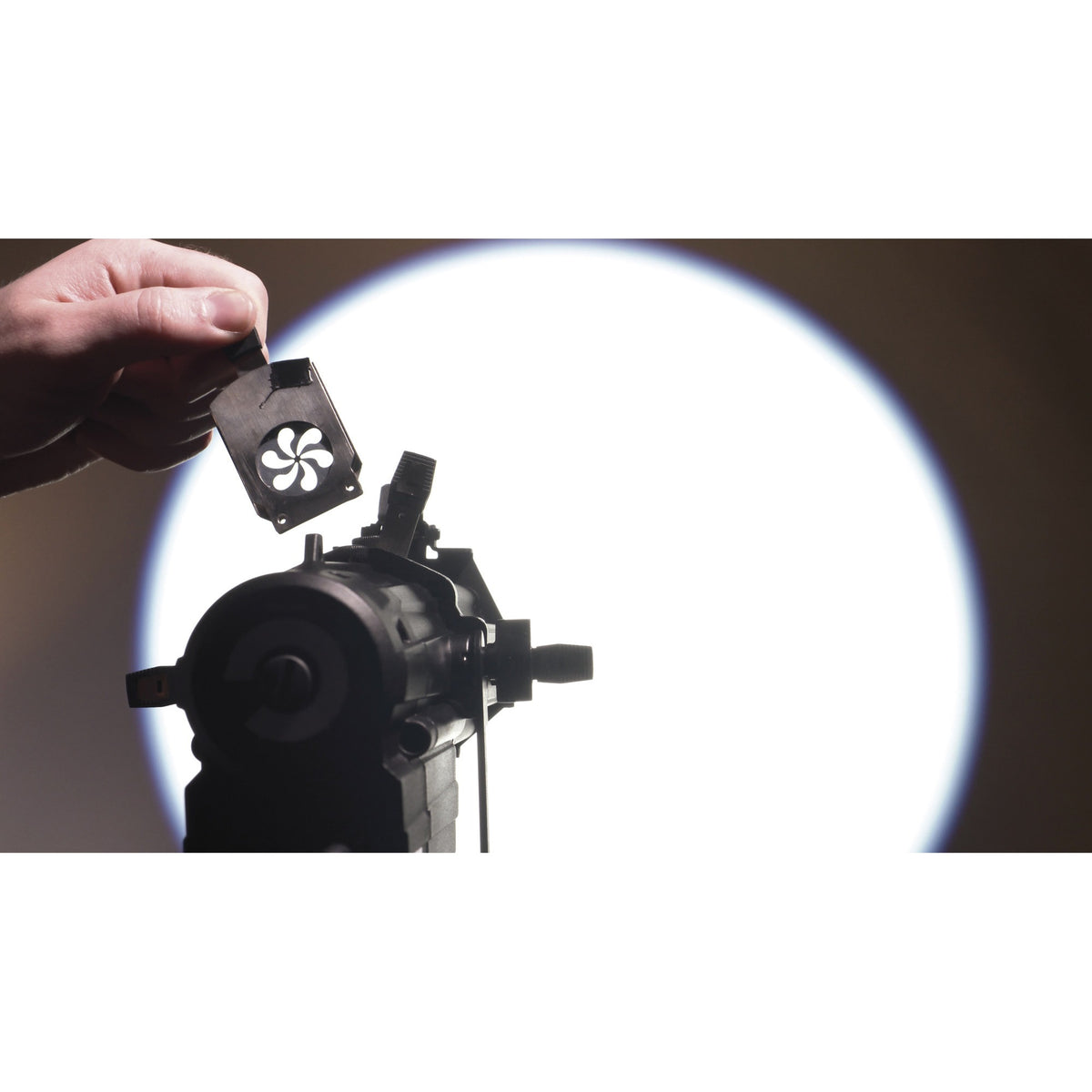 Showtec Performer Profile Mini, gobo projection demonstrated with an optional holder