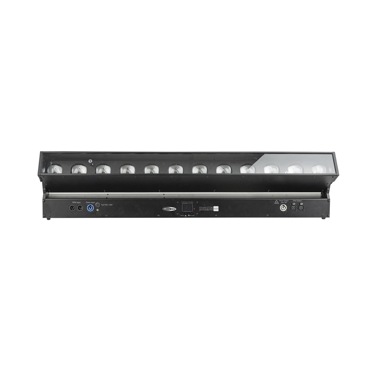 Showtec Phantom 1220 Zoombar judantis linijinis prožektorius, maitinimo ir DMX jungčių pusė