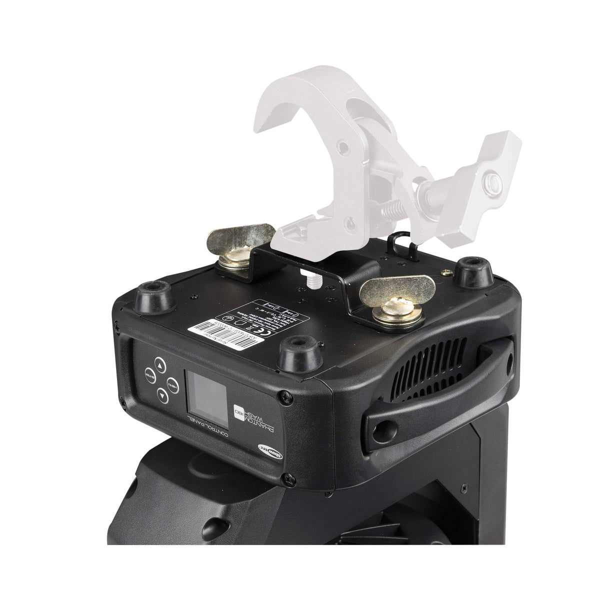 Showtec Phantom 180 Wash judanti galva, juodas korpusas, Quick-lock tvirtinimas iš arti