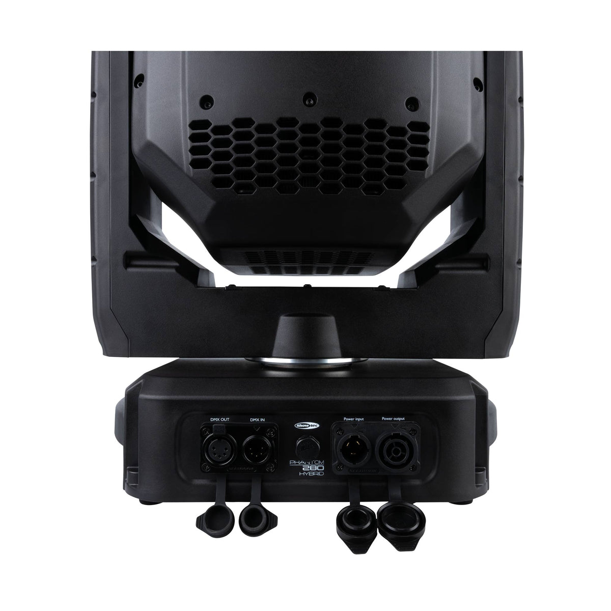 Showtec Phantom 280 Hybrid judanti galva, galinė dalis su atvertomis jungčių apsaugomis