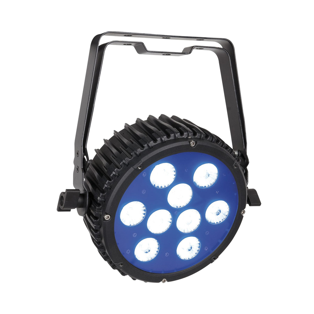 Showtec Power Spot 9 Q5 LED PAR prožektorius, įjungtas prožektorius iš priekio