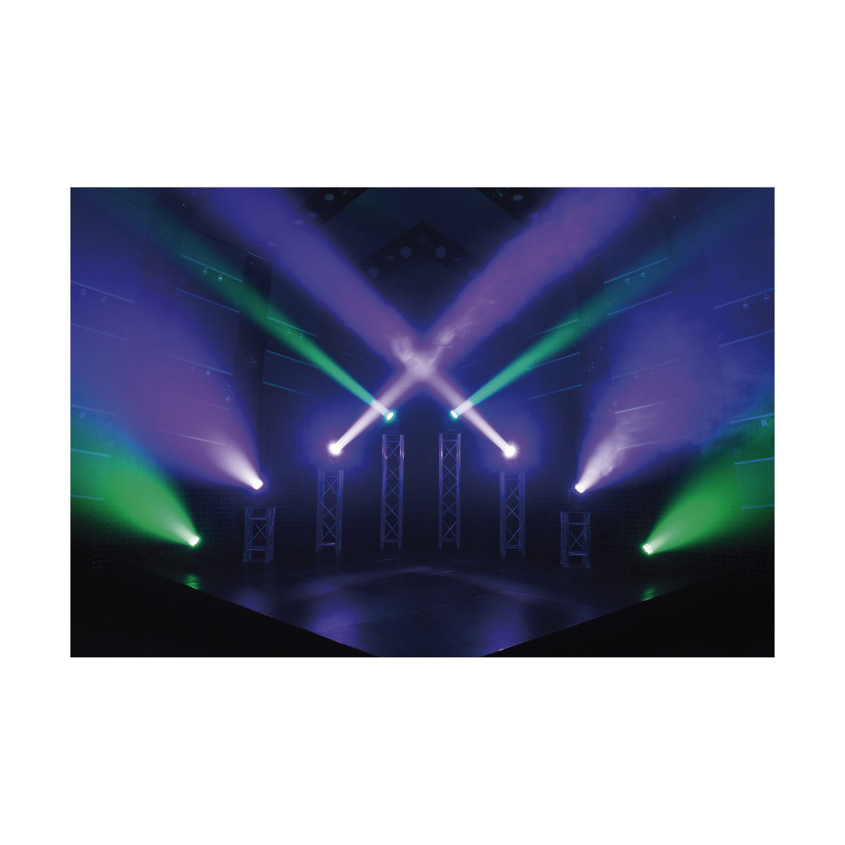 Showtec Shark Wash Zoom One judanti galva, susikertantys spalvoti spinduliai