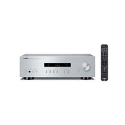 Yamaha A-S201 Integrated Amplifier, silver, front view with remote control