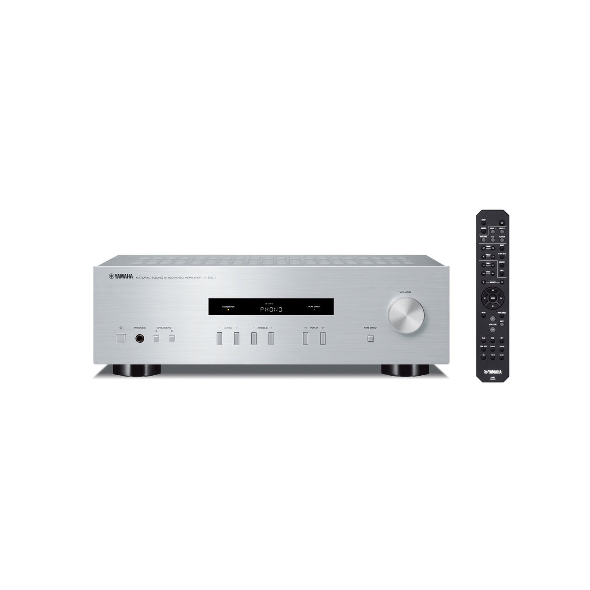 Yamaha A-S201 Integrated Amplifier, silver, front view with remote control