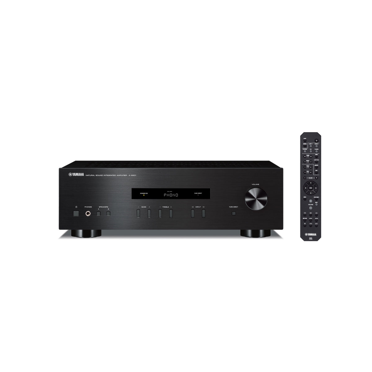 Yamaha A-S201 Integrated Amplifier, black, front view with remote control