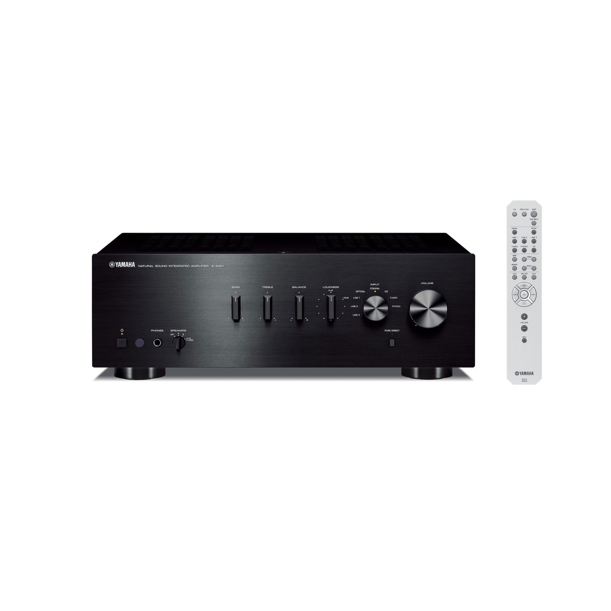 Yamaha A-S301 stereo stiprintuvas, juoda, priekinis vaizdas su nuotolinio valdymo pulteliu