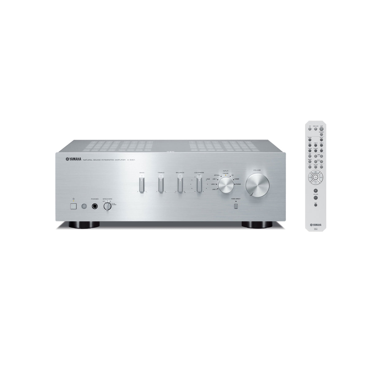 Yamaha A-S301 stereo stiprintuvas, sidabrinė, priekinis vaizdas su nuotolinio valdymo pulteliu