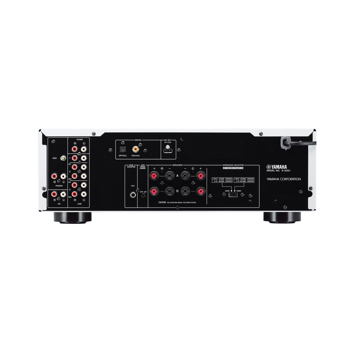 Yamaha A-S301 stereo stiprintuvas, galinis skydelis ir jungtys