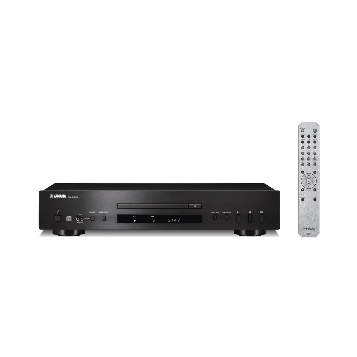 Yamaha CD-S303 CD Player, black, front view with remote control