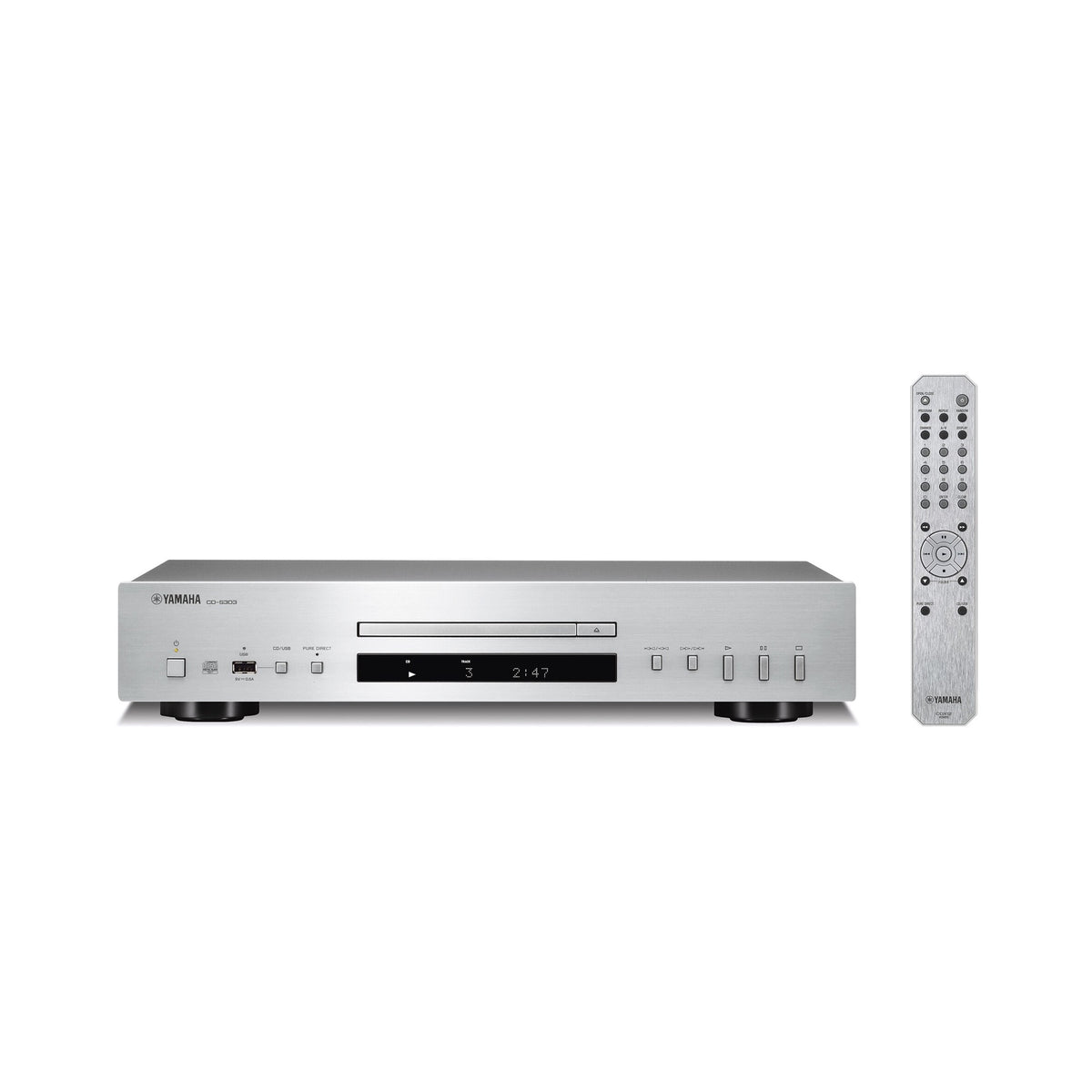 Yamaha CD-S303 CD grotuvas, sidabrinė, priekinis vaizdas su pulteliu