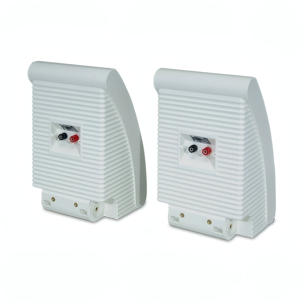 Yamaha NS-AW592 Outdoor Speakers, white speaker pair from the rear, terminals and brackets