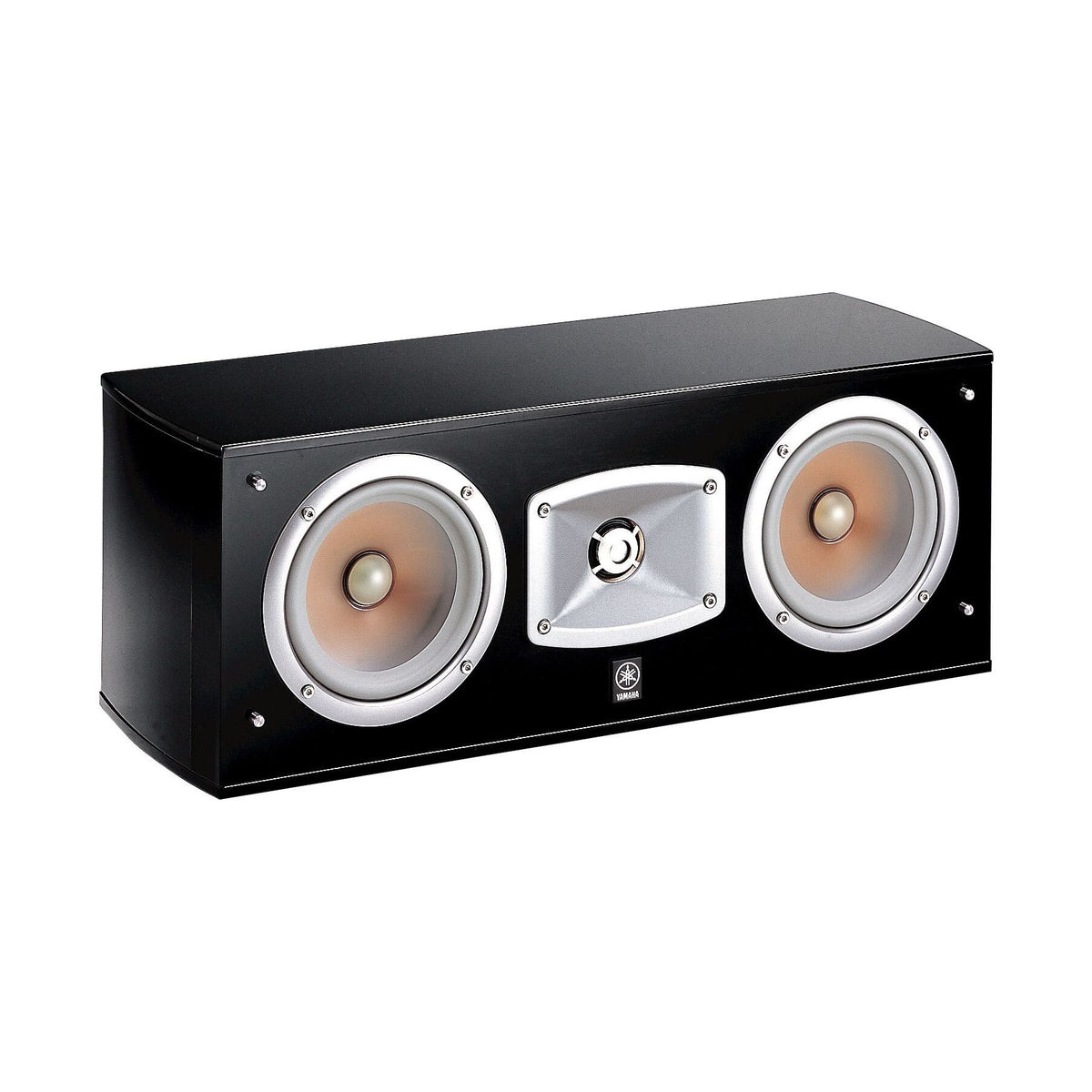 Yamaha NS-C444 centrinė garso kolonėlė (juoda spalva), priekinė dalis be apsauginių grotelių, vaizdas kampu