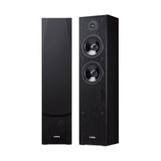 Yamaha NS-F51 Floorstanding Speakers, black speaker pair with and without grille